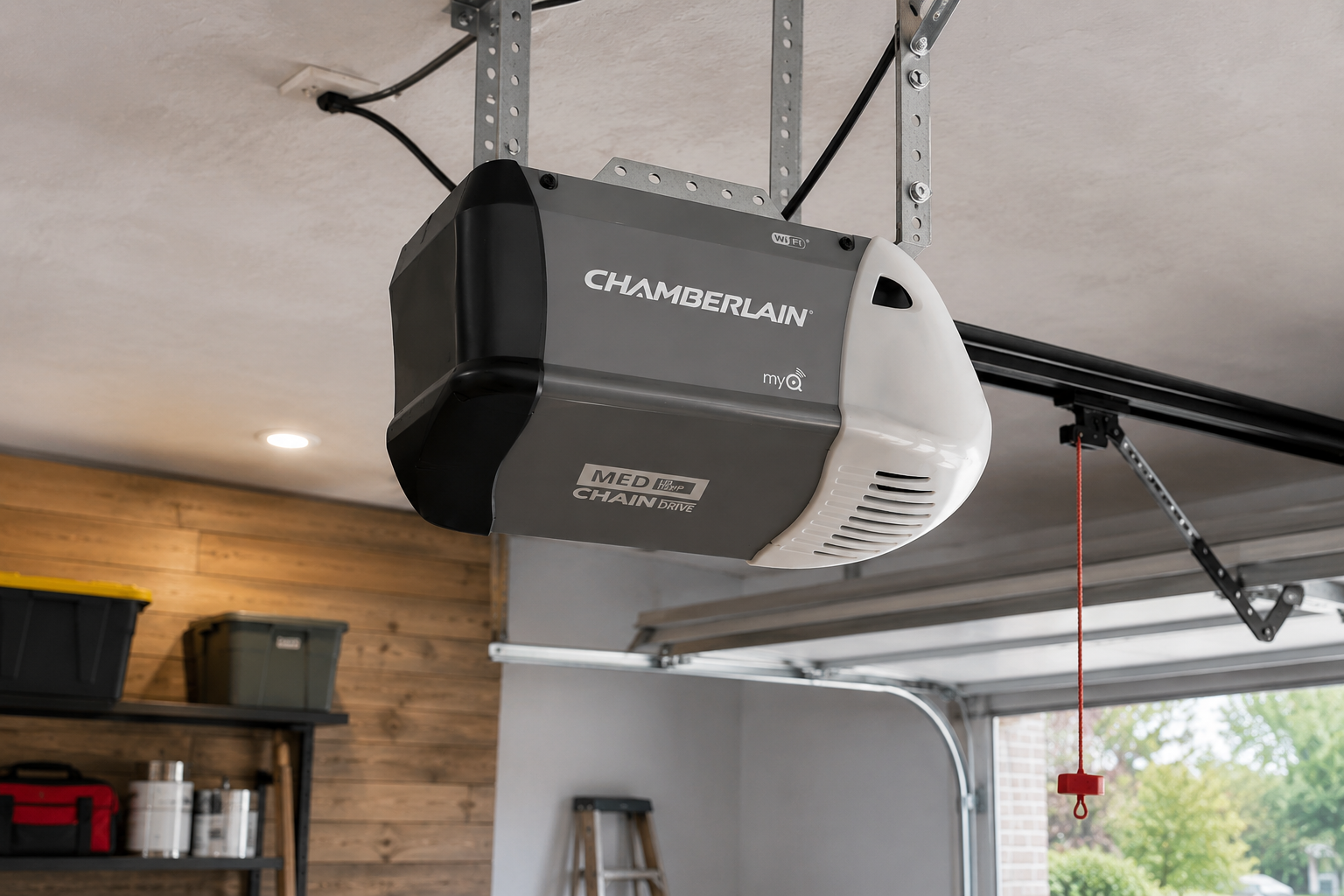 Chamberlain smart chain drive opener installed in an Oakland Hills garage